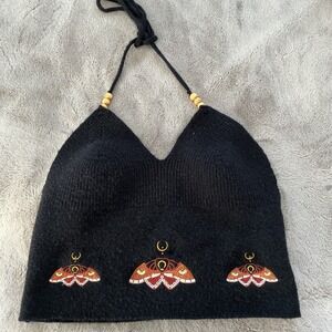 Boho Knit Halter Top w/ Moth Embroidery‎ | Black Cropped Festival Top Adjustable